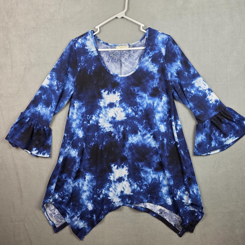 Bobbie Brooks Women's XL Blue Tie Dye Bell Sleeve Boho Asymmetrical Blouse